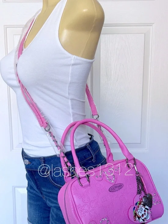 ED HARDY Pink Barrel Crossbody Satchel w/ Crystal Accents - Picture 8 of 8